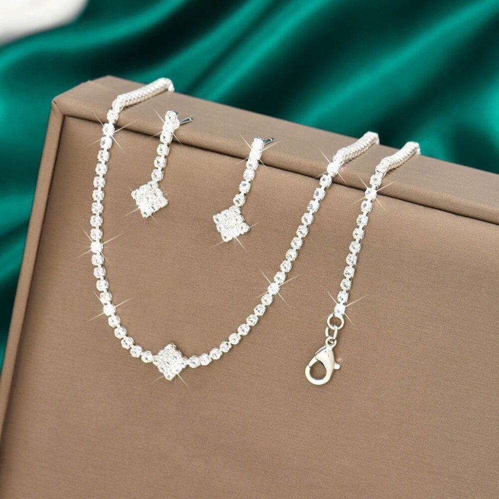Silver Bridal Jewelry Set Rhinestone Necklace Earrings Bracelet Wedding Accessor